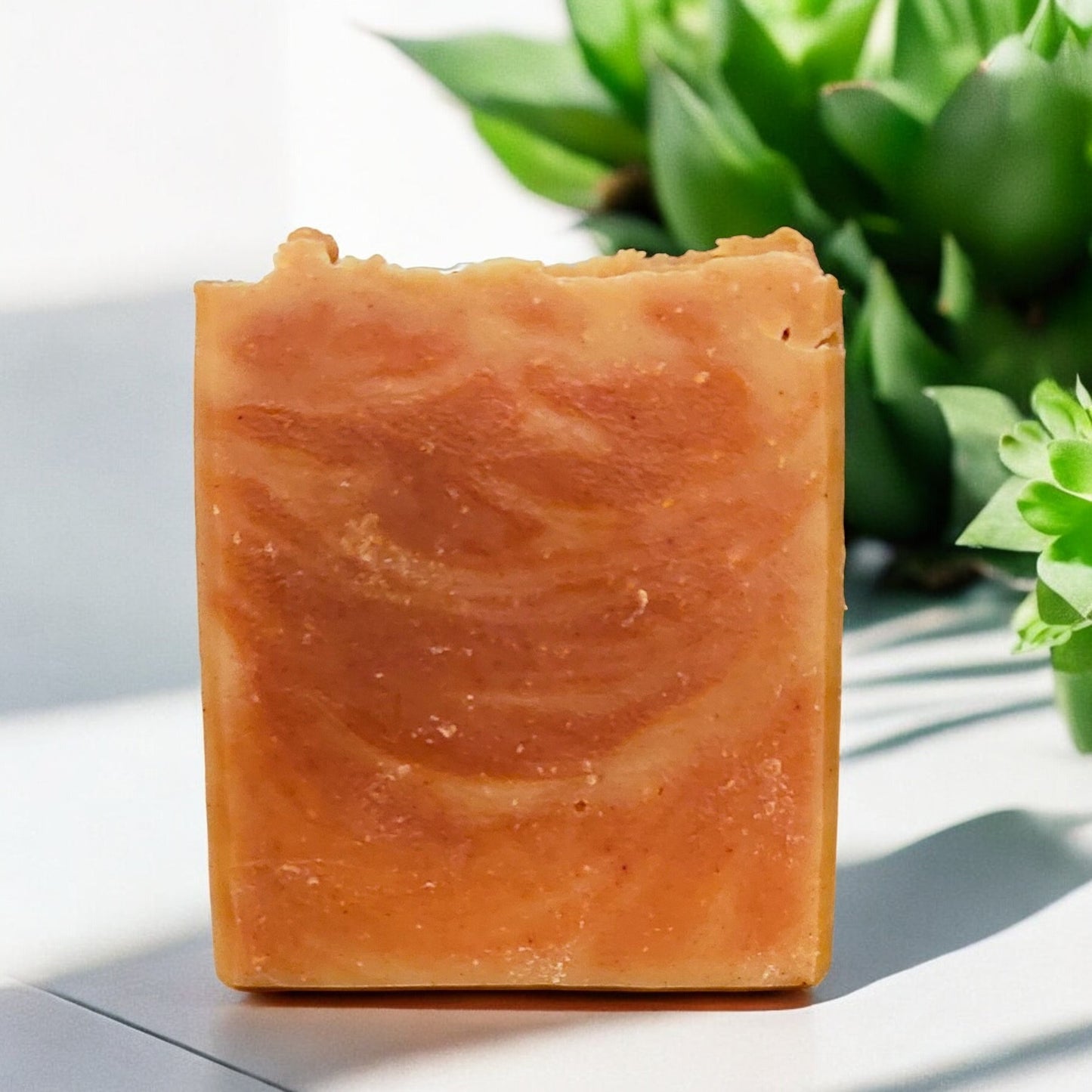Bar of soap with a natural, textured surface on a light background with green plants.