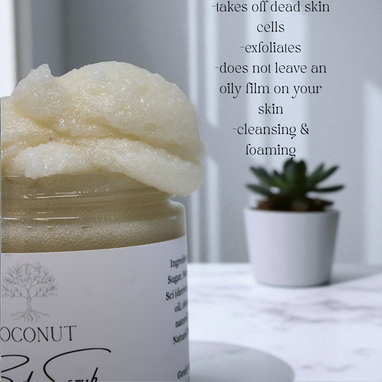 Jar of coconut scrub with text that explains how to use coconut scrub