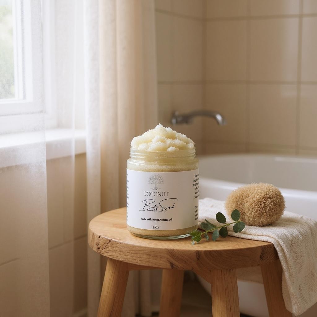 Jar of coconut body scrub on a wooden stool in a bathroom setting