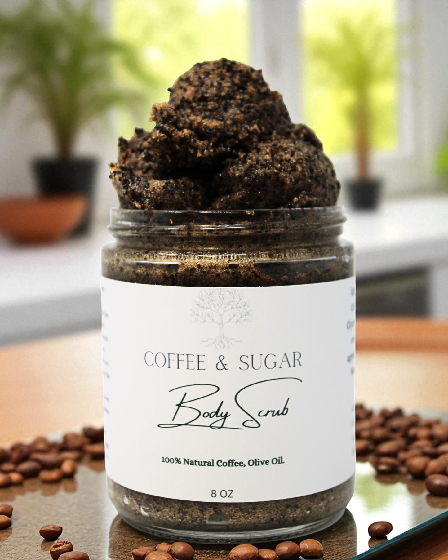 a glass jar filled with arabica coffee sugar scrub
