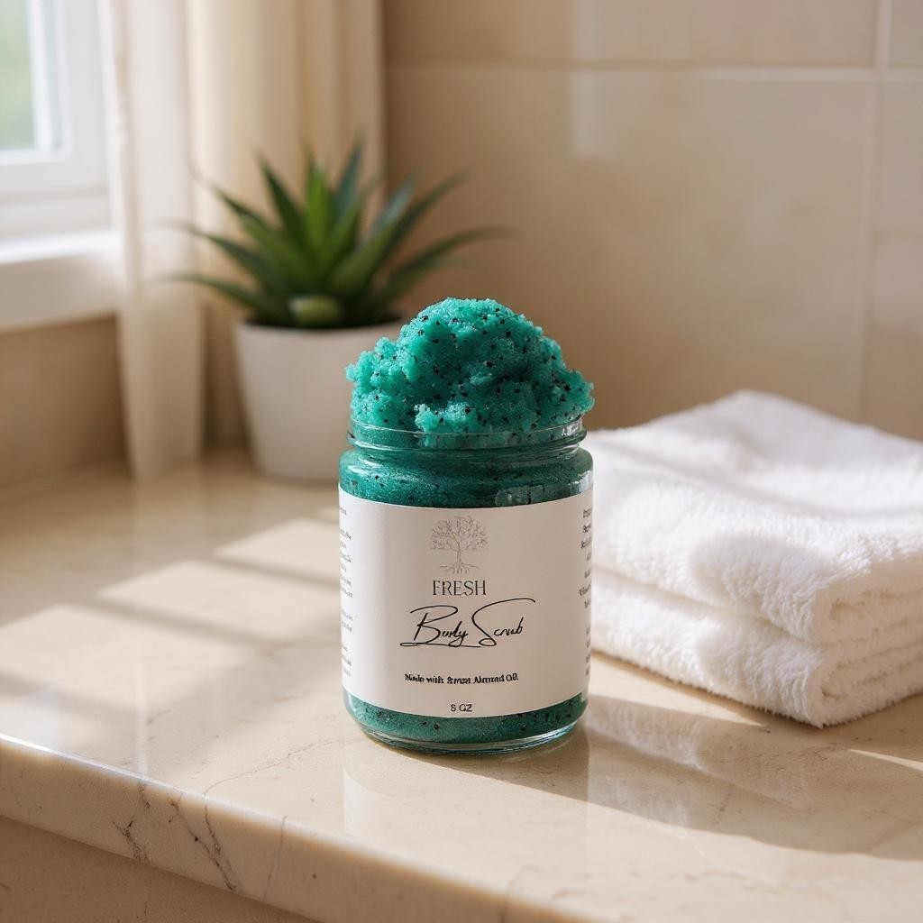 Jar of green body scrub on a bathroom counter with a plant and towel in the background