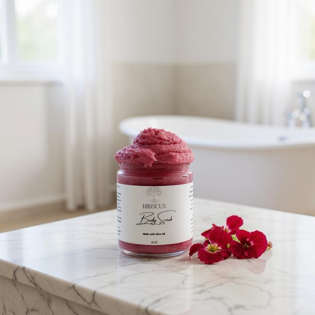 Jar of hibiscus body scrub on a marble surface with red flowers