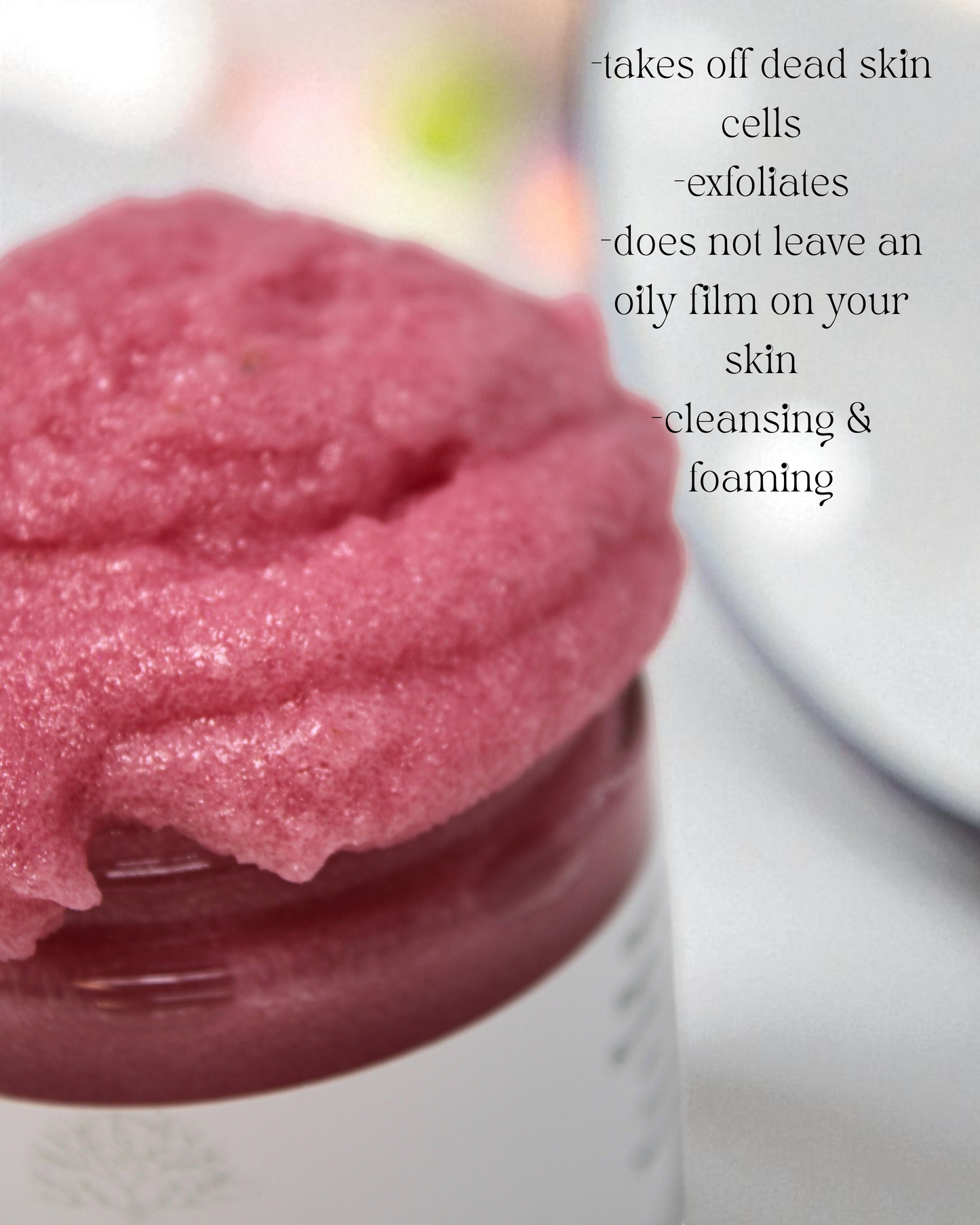 Hibiscus exfoliating scrub in a jar with text describing its benefits.