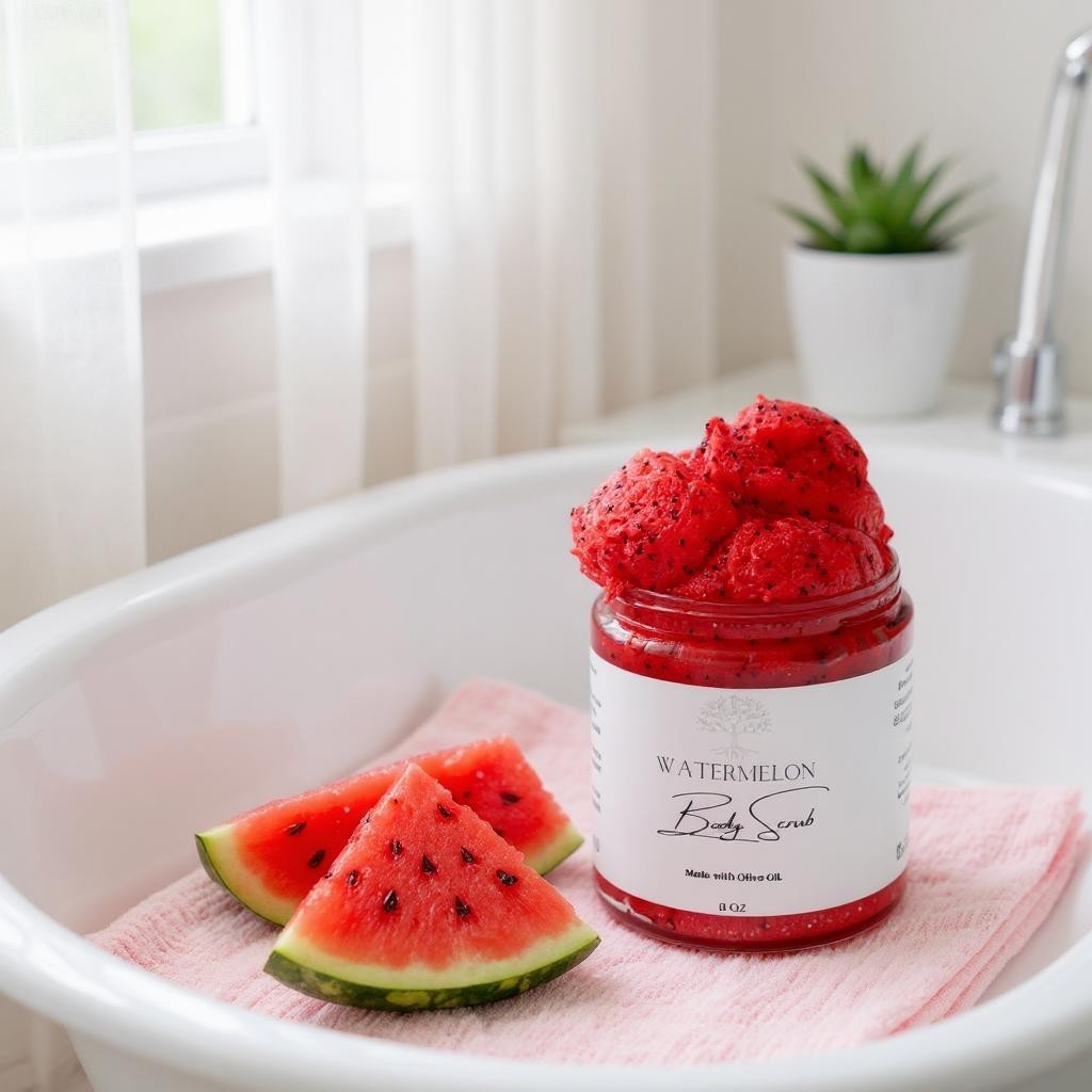 a jar with watermelon body scrub. the scrub is foaming, does not leave a heavy residue on your skin, it also has poppyseeds in it.