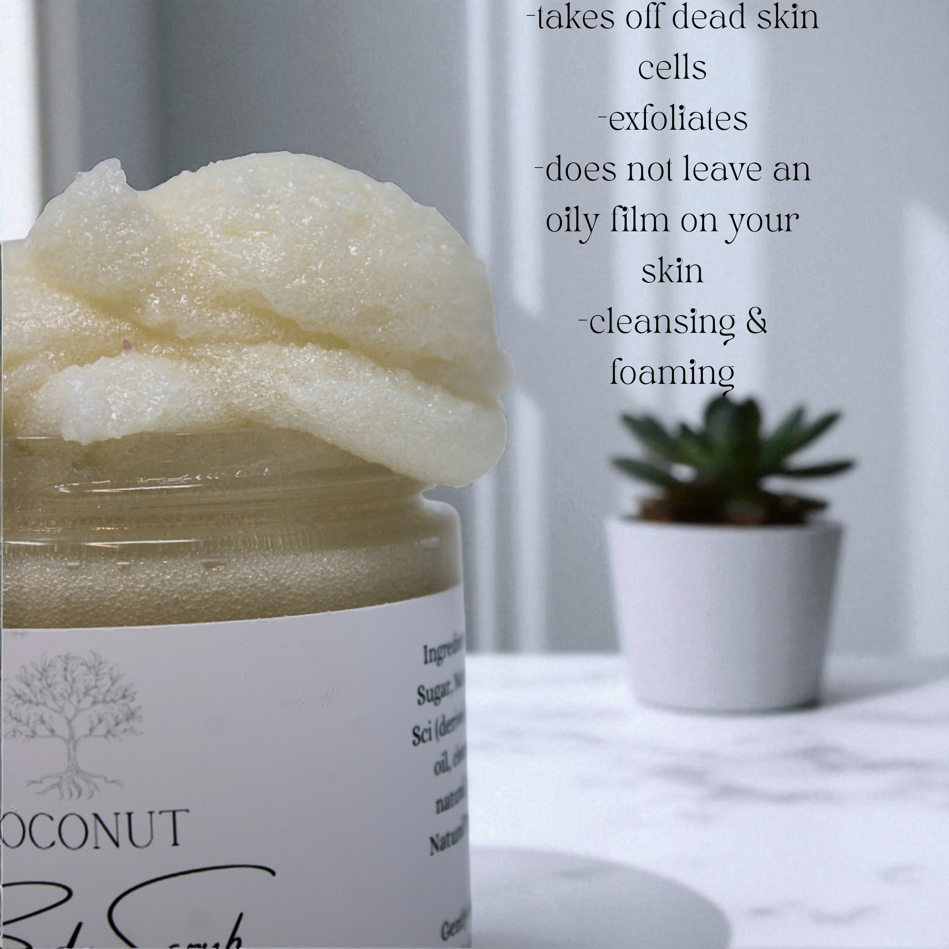 Jar of coconut scrub with text that explains how to use coconut scrub