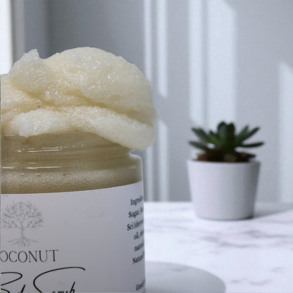 Jar of coconut body butter with a plant in the background