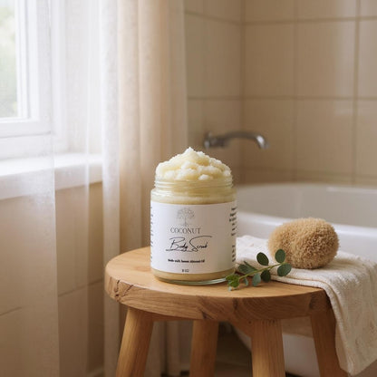 Jar of coconut body scrub on a wooden stool in a bathroom setting