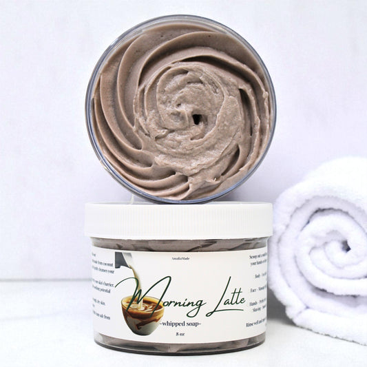 a jar of morning latte whipped soap
