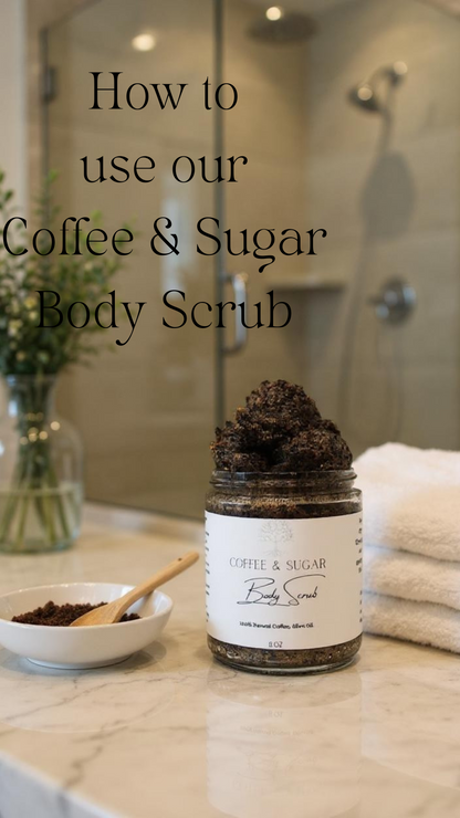 Short video explaining how to use coffee sugar scrub. The scrub is applied on the skin, the model in exfoliating her skin rubbing the coffee sugar scrub into her skin, creating a very creamy lather. then she rinses the body scrub off her skin leaving her skin clean, soft and glowy
