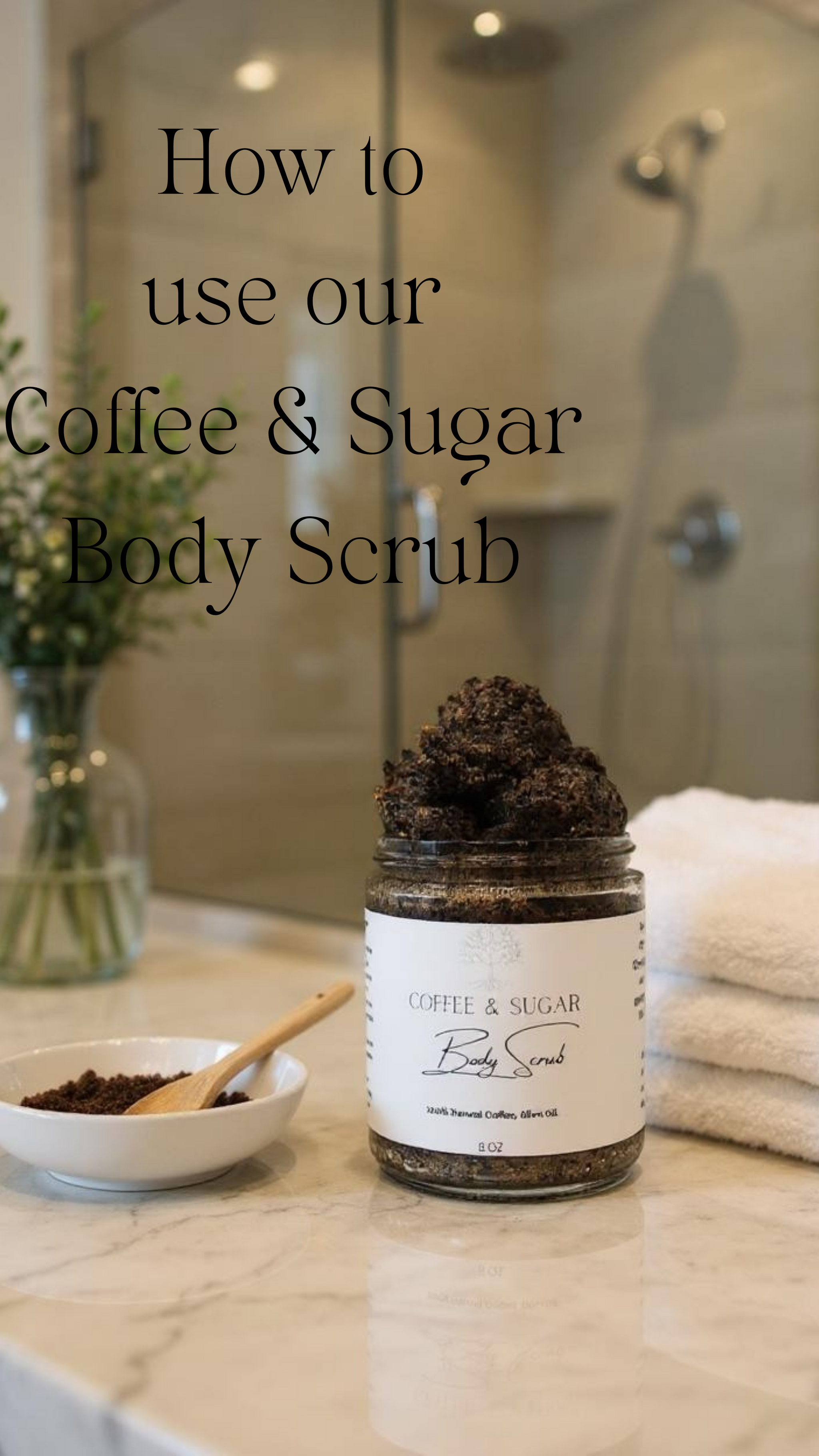 Short video explaining how to use coffee sugar scrub. The scrub is applied on the skin, the model in exfoliating her skin rubbing the coffee sugar scrub into her skin, creating a very creamy lather. then she rinses the body scrub off her skin leaving her skin clean, soft and glowy
