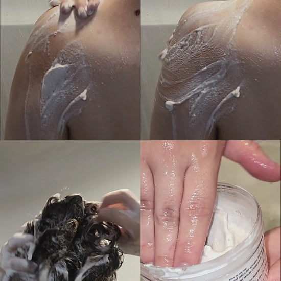 showing how to use whipped soap use it on body, hair and as shaving cream