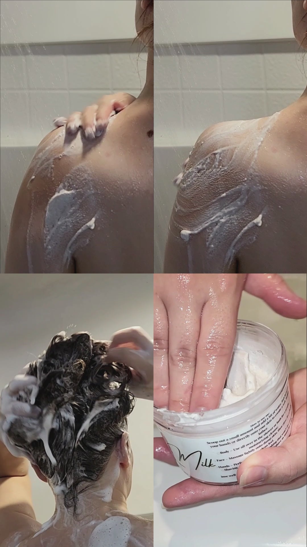 showing how to use whipped soap use it on body, hair and as shaving cream