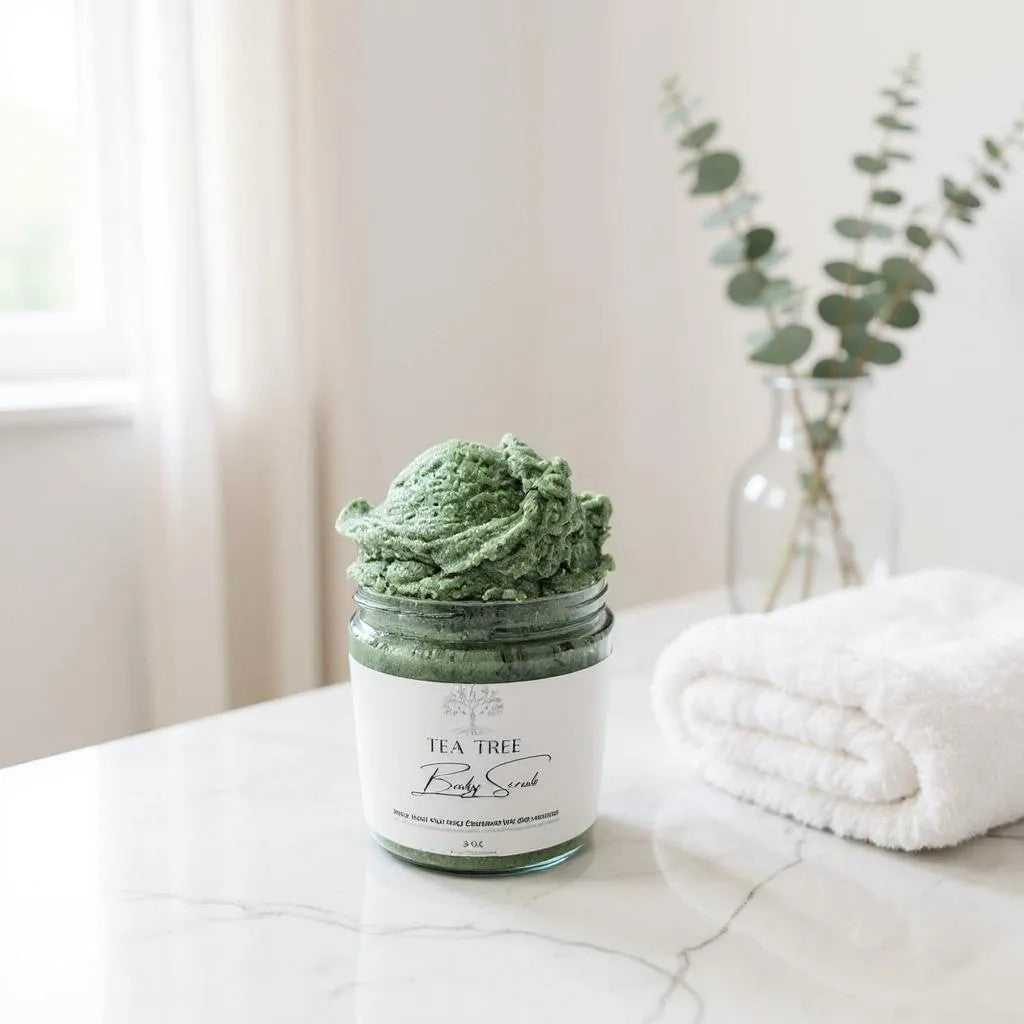 a jar filled with tea tree essential oil sugar scrub on the counter of a bathroom